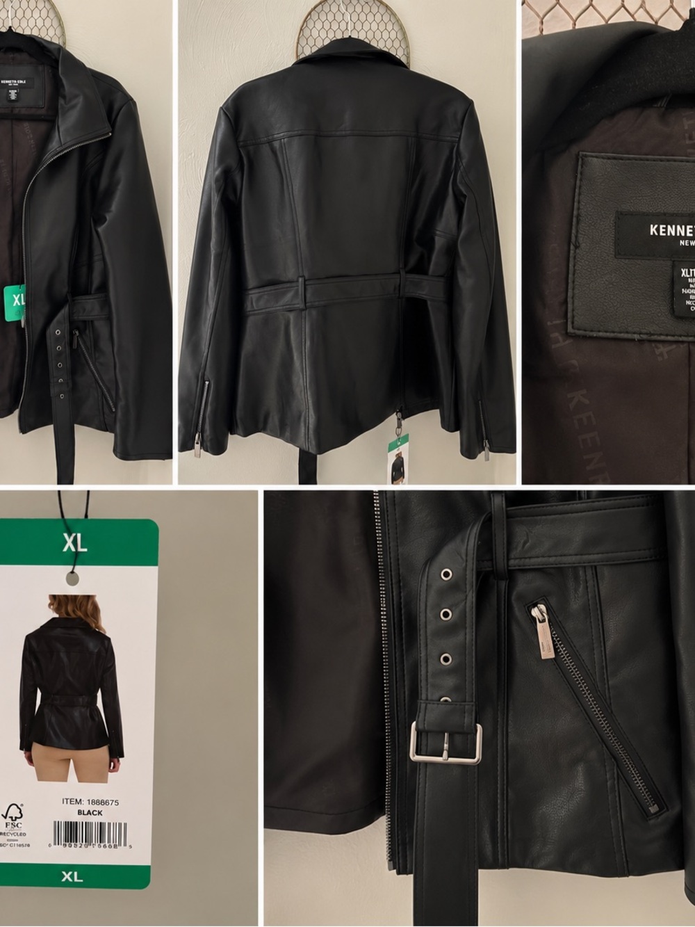 Kenneth Cole New York Faux Leather Belted Jacket XL NWT Black